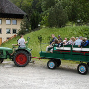 Auf dem Weg zu den Weiden mit dem Traktor und mit Anhänger